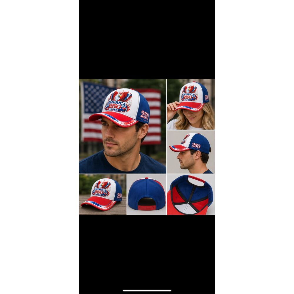 America 250 Years Patriotic Red White Blue Adjustable Baseball Cap